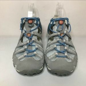 Merrell waterpro flow outdoor mesh sandals women size 8 sky blue bungee laces.